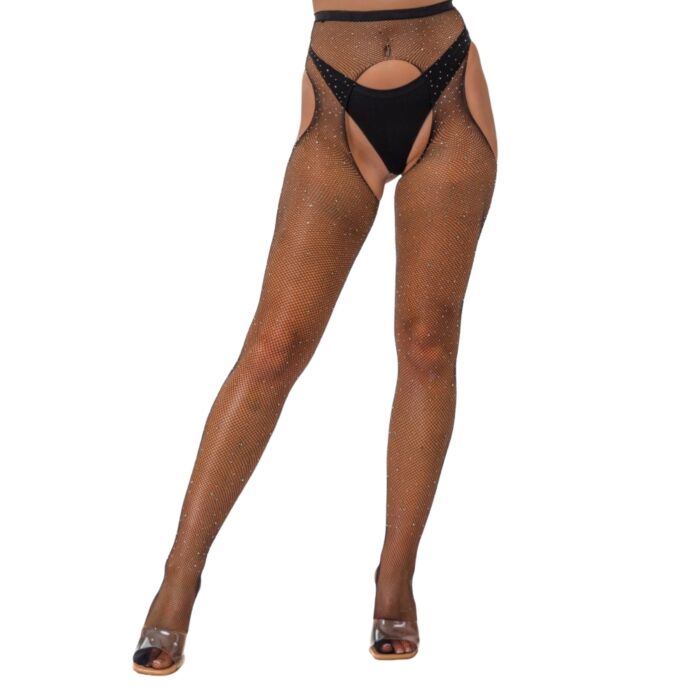 Calze Crotchless Lace by LJ con strass e rete Calze Crotchless Lace by LJ con strass e rete
