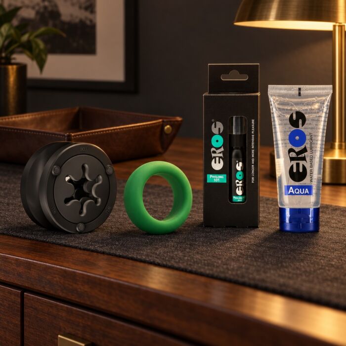 Kit uomo con masturbatore riutilizzabile Fun Factory, anello e spray – scena d'atmosfera (immagine generata con IA)