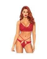 Set bralette in pizzo con perizoma con cinturino - rosso