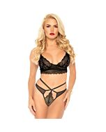 Set bralette in pizzo con perizoma con cinturino - nero