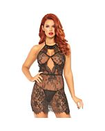 Babydoll in pizzo floreale con perizoma - nero