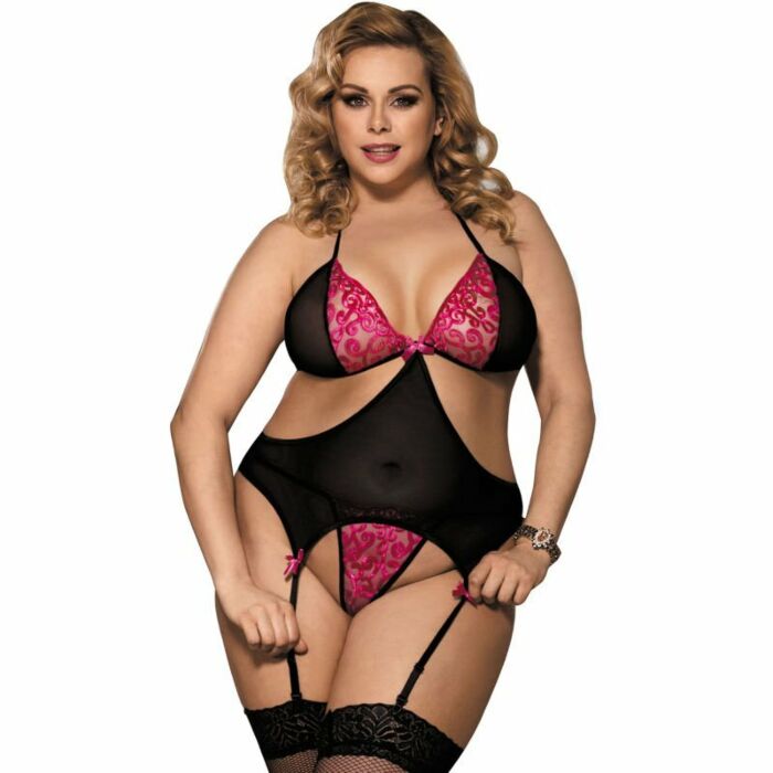 Subblime queen plus corsetto con reggicalze nero e rosa