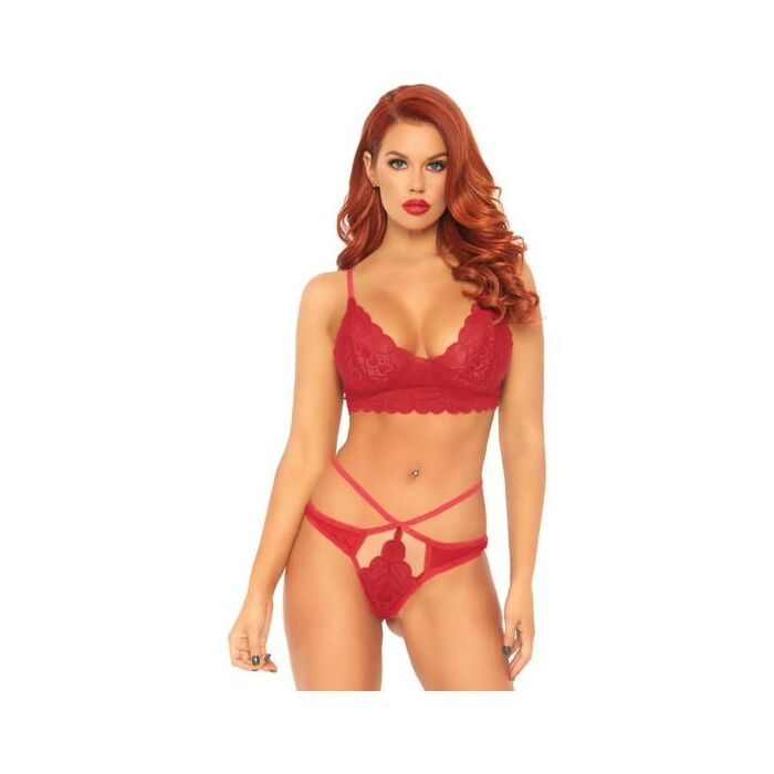 Set bralette in pizzo con perizoma con cinturino - rosso