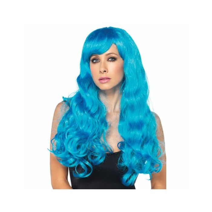 Parrucca lunga blu al neon ondulata gamba avenue