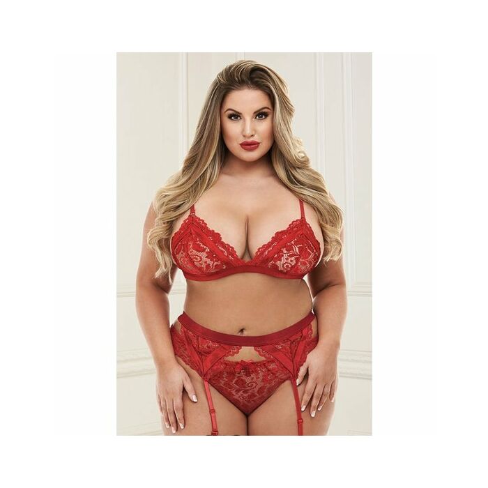 Giarrettiera in pizzo 3pz set di pizzo rosso-rosso