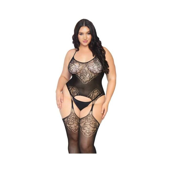 Bodystocking de encaje sin costuras con liguero - negro