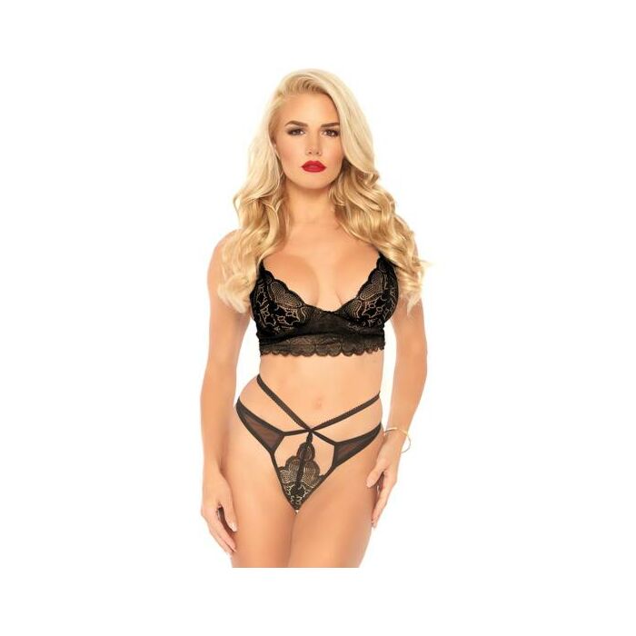 Set bralette in pizzo con perizoma con cinturino - nero