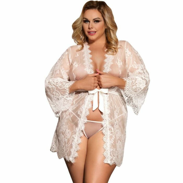 Subblime queen plus peignoir con ricamo e manica a campana bianca