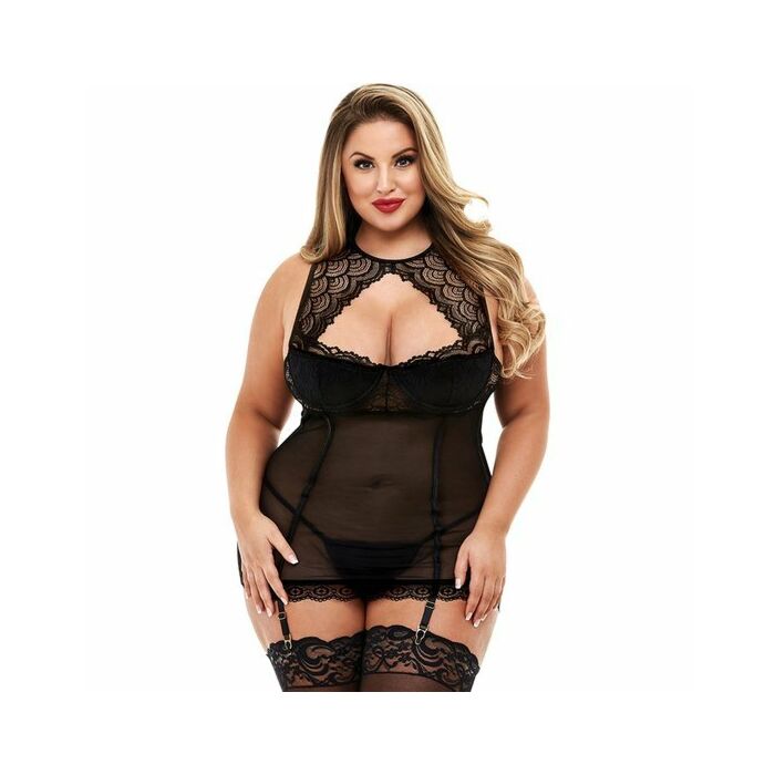 Mini abito nero allacciato con reggicalze