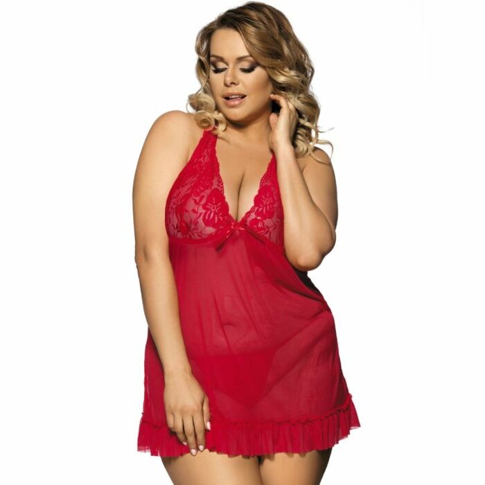 Subblime queen plus babydoll rosso con ricami floreali sul seno