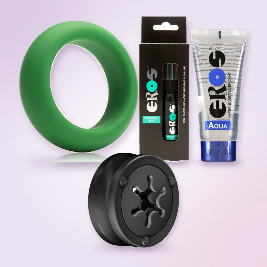 Il masturbatore Fun Factory IKU FLEX, l'anello Je Joue, lo spray Eros Prolong 101 e il lubrificante EROS Aqua